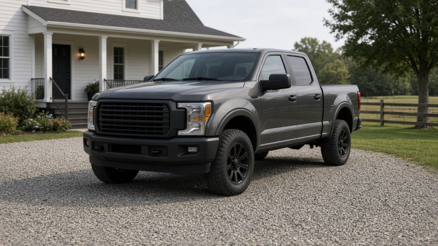 A heavy-duty pickup truck parked on a gravel driveway.