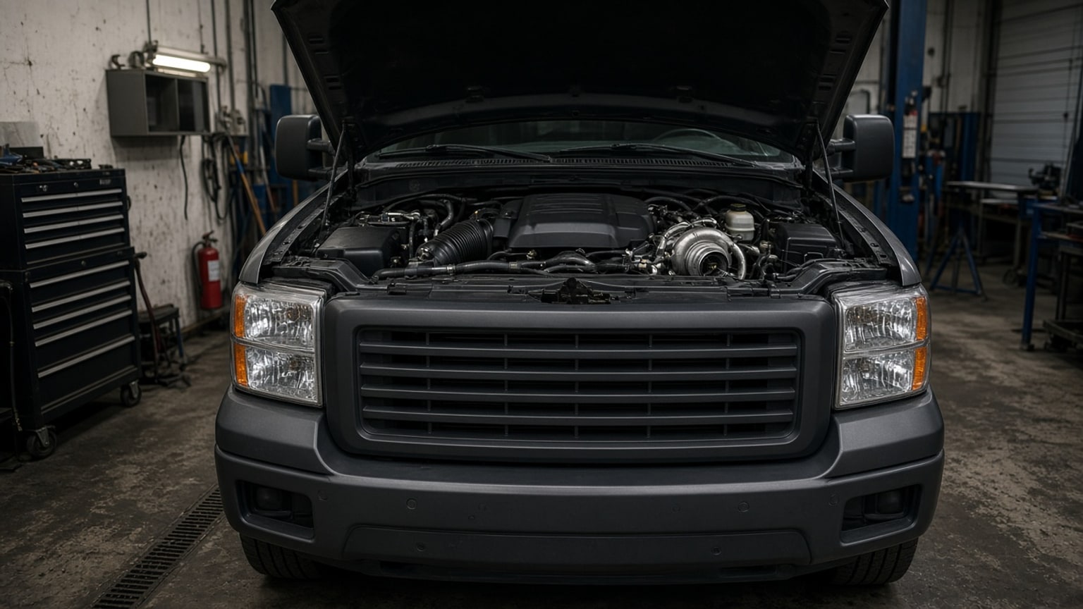 A heavy-duty pickup truck with its hood open in a repair shop.