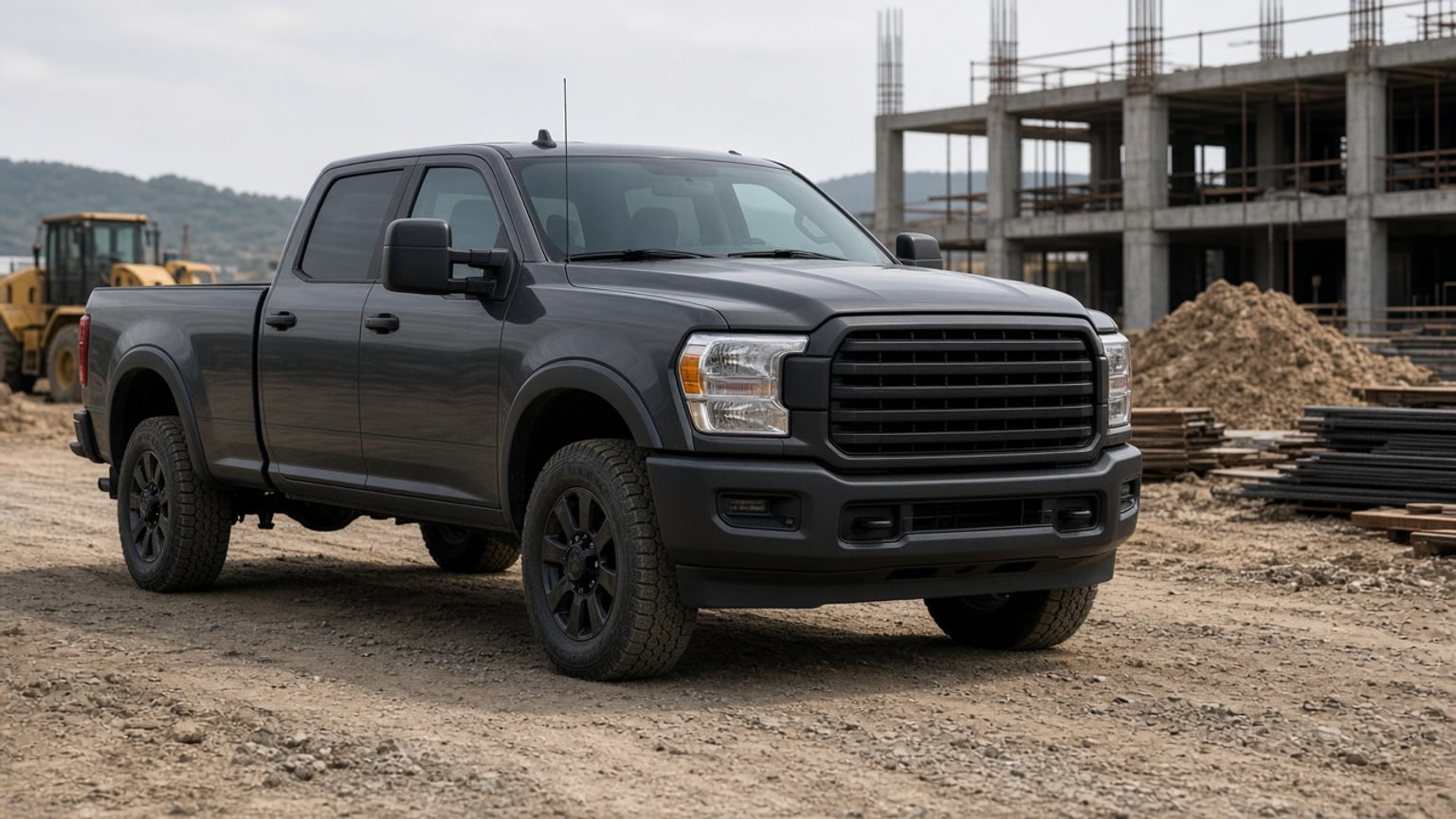 A heavy-duty pickup truck parked at a work site.