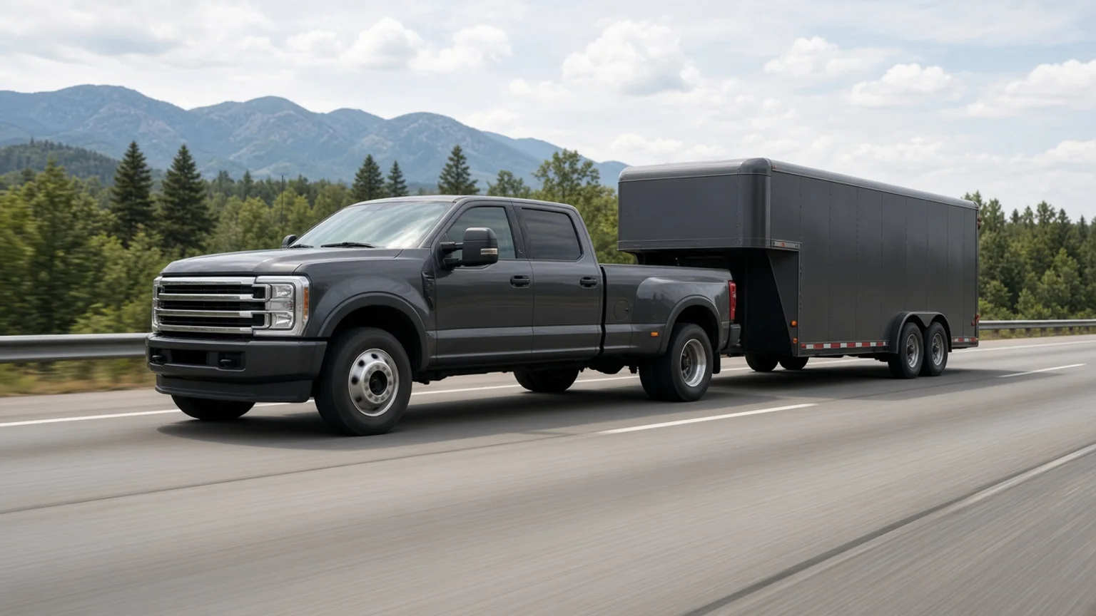 A heavy-duty pickup truck towing a trailer on a highway.
