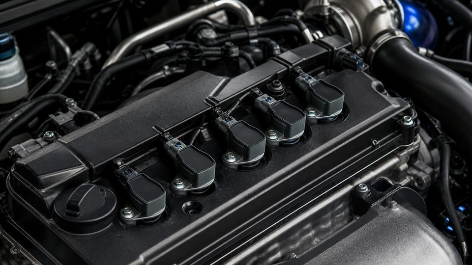 Close-up of a modern turbocharged inline-four engine bay with ignition coils and spark plug wells.