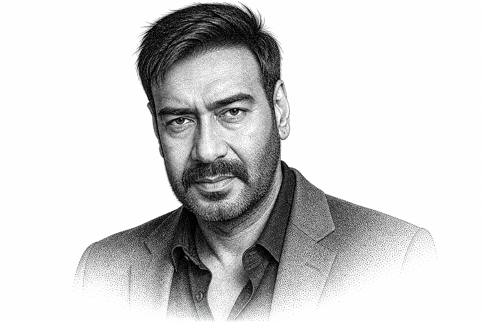 Black and white stipple portrait of Ajay Devgn.