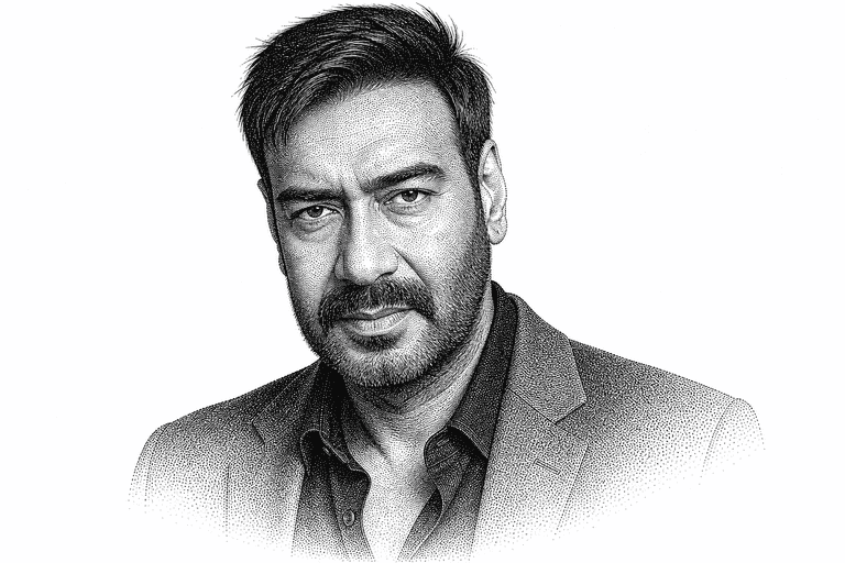 Black and white stipple portrait of Ajay Devgn.