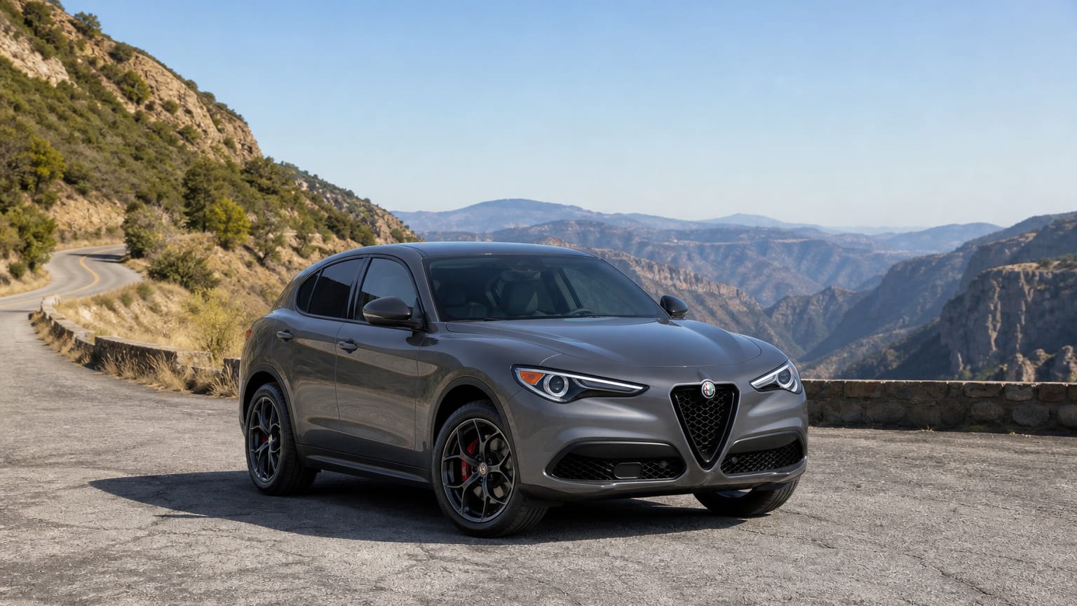 A cleaner later-model Alfa Romeo Stelvio on a quiet road.