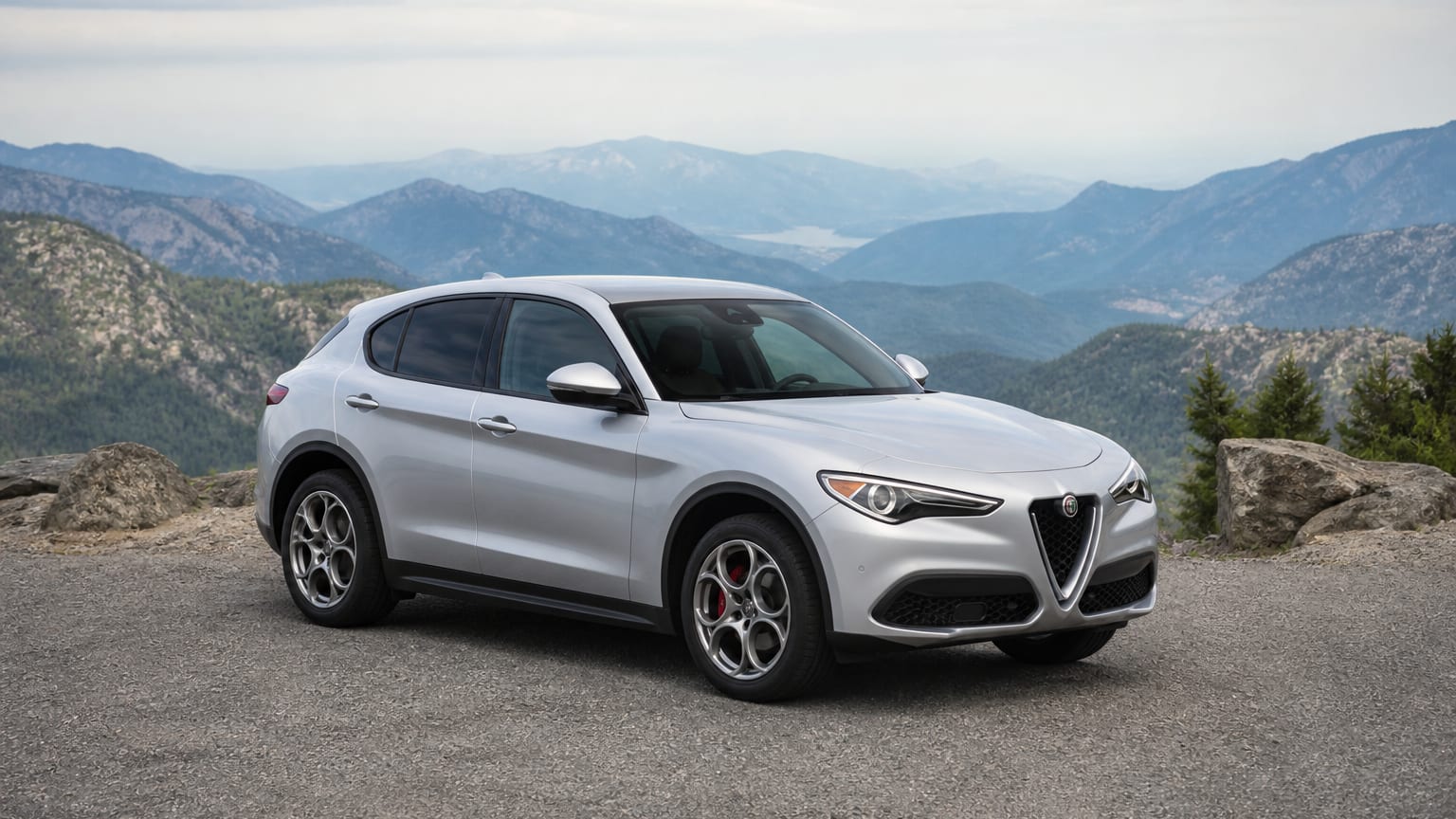 A Alfa Romeo Stelvio parked outdoors, three-quarter front view.