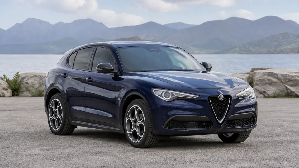 An Alfa Romeo Stelvio crossover, three-quarter front view, parked outdoors.