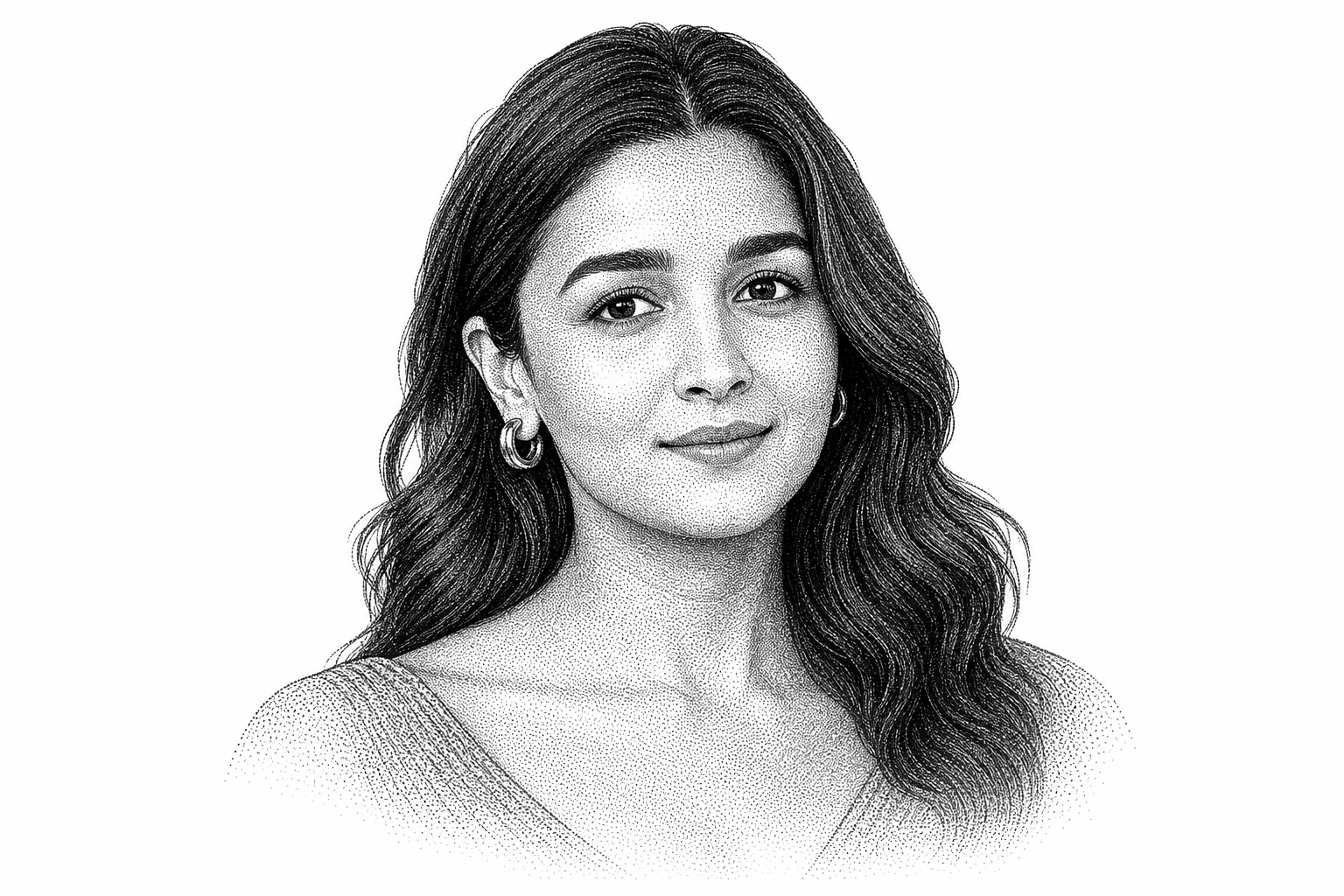 Black and white stipple portrait of Alia Bhatt.