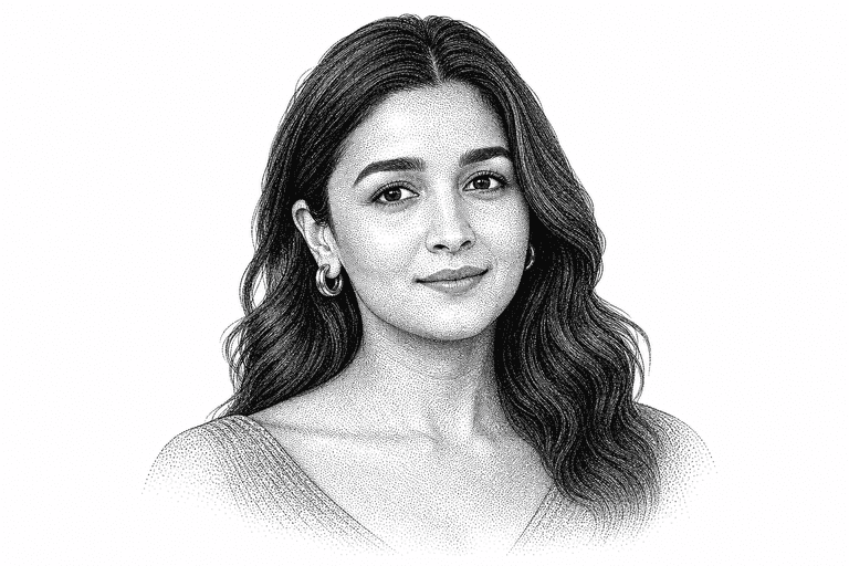 Black and white stipple portrait of Alia Bhatt.