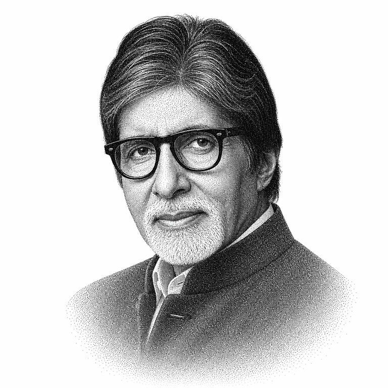 Black and white stipple portrait of Amitabh Bachchan.