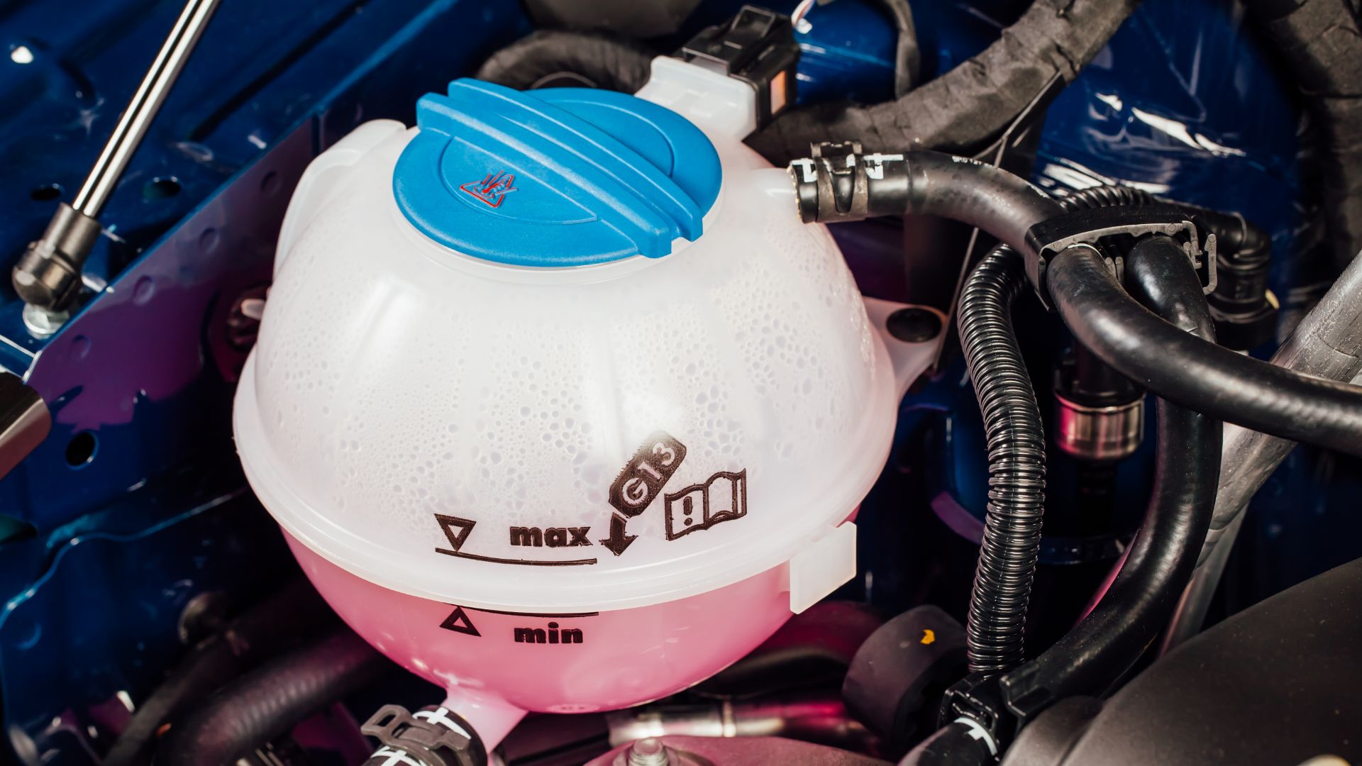 a close up of the engine of a car.|a woman standing next to a car with its hood open.|a woman talking on a cell phone next to a car.|a plastic container with a yellow cap on the hood of a car.|a man is filling up a car engine.