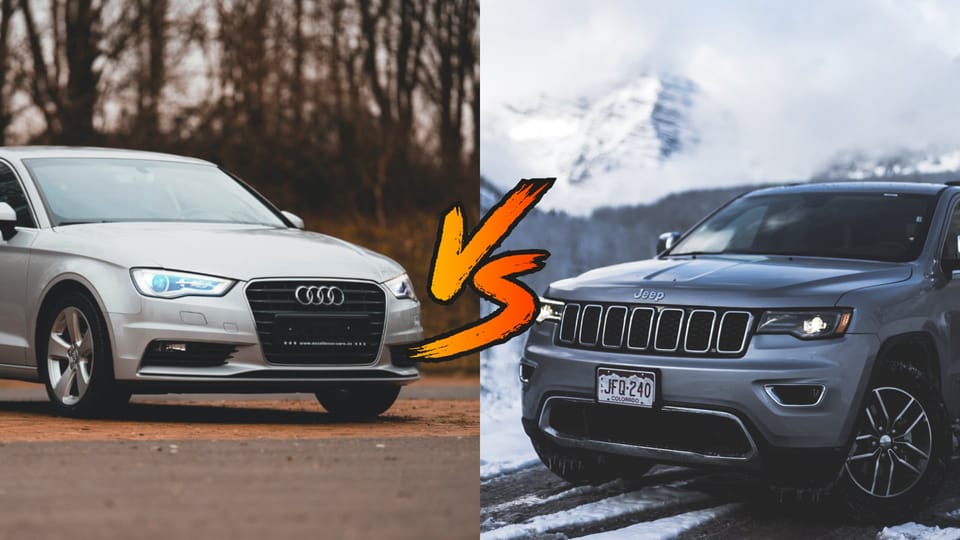 two different cars side by side on a snowy road.|a car that has crashed into another car.|a man on a motorcycle next to a truck.