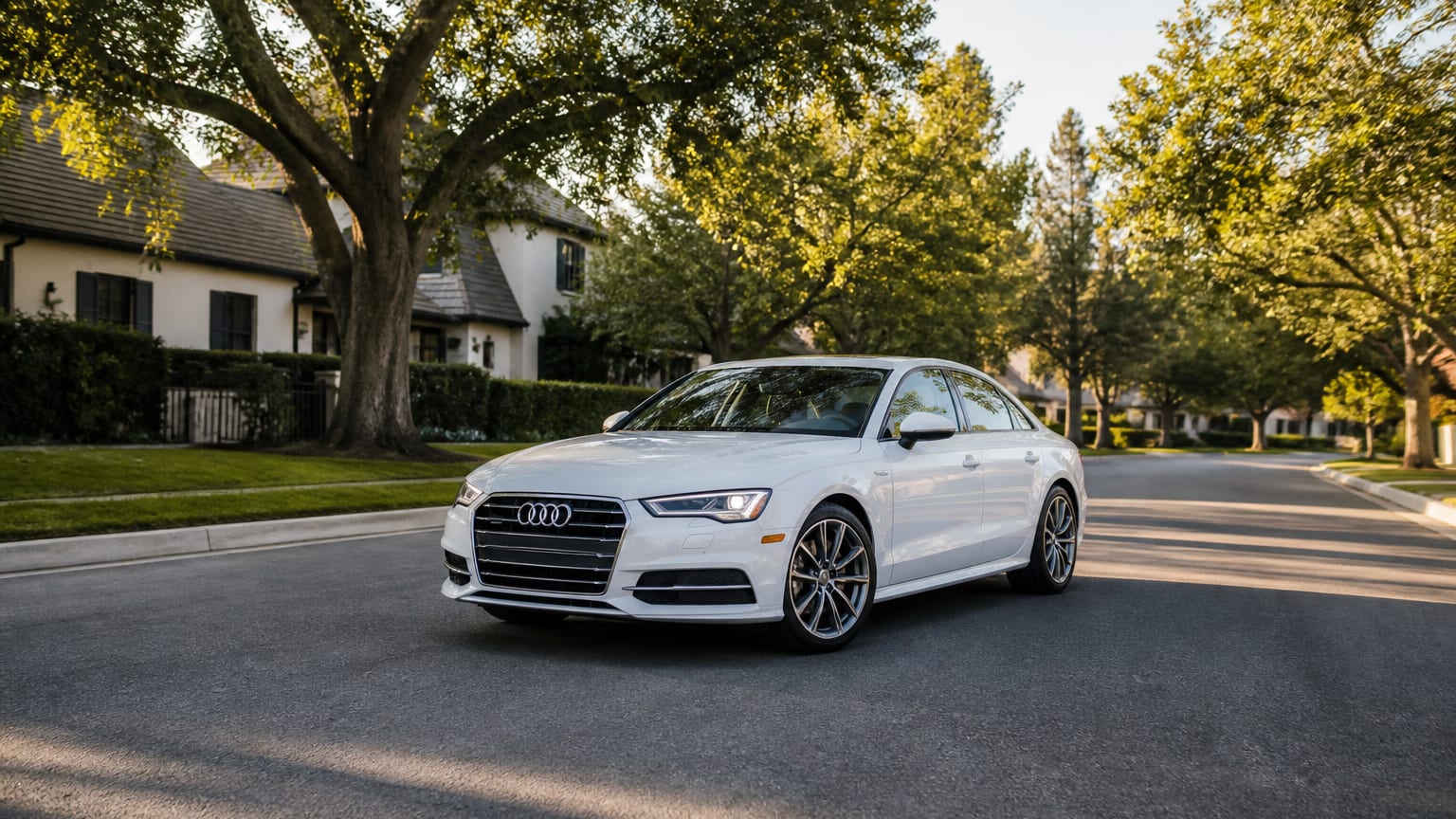 A late-model 2017–2018 Audi A6 on a tree-lined residential street.