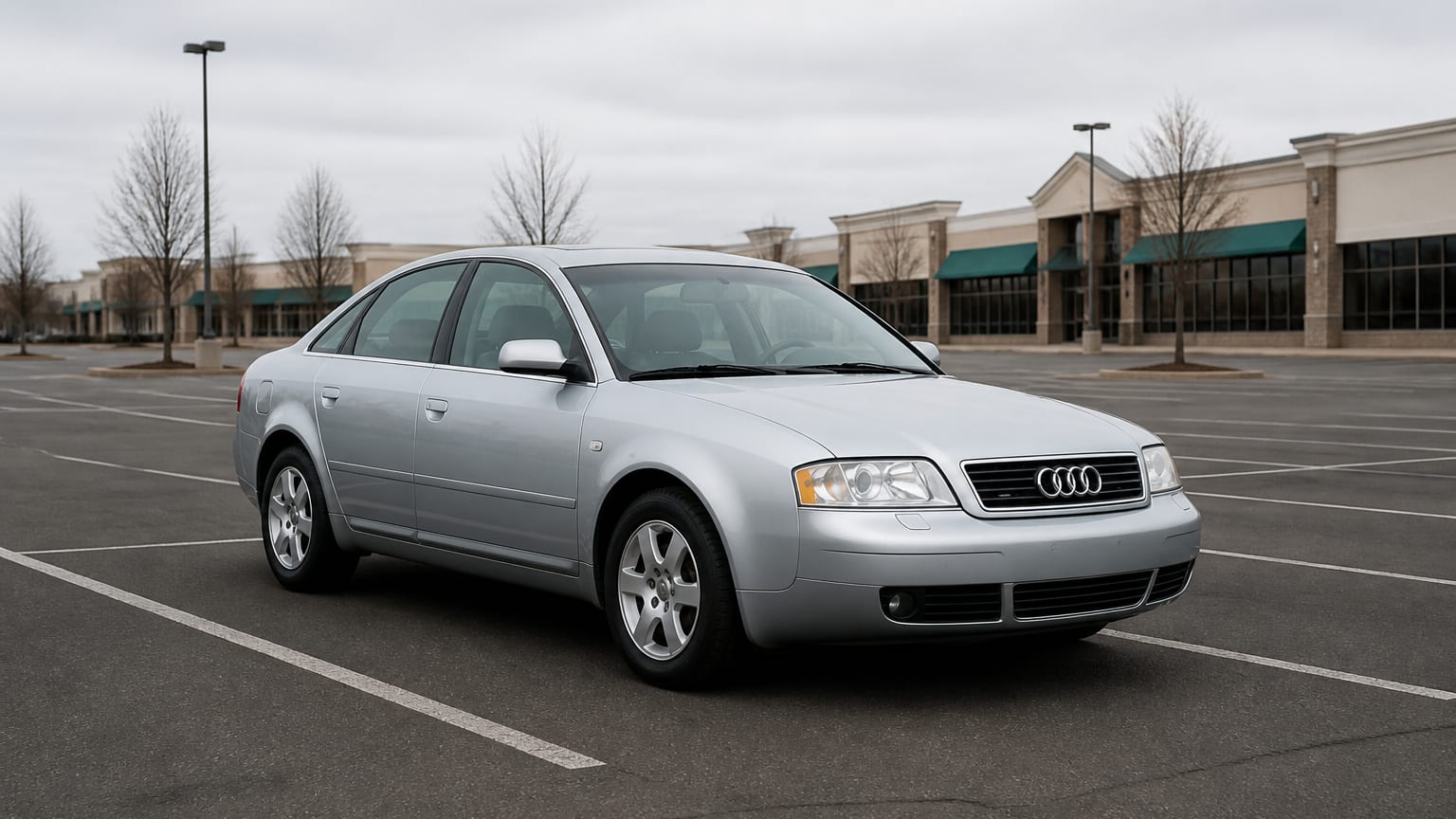 An early 2000s or 2019 Audi A6 parked in a shopping center lot.