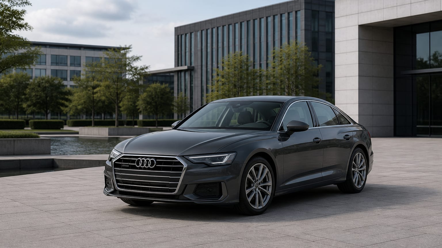 A dark gray Audi A6 sedan parked outside a modern office complex.