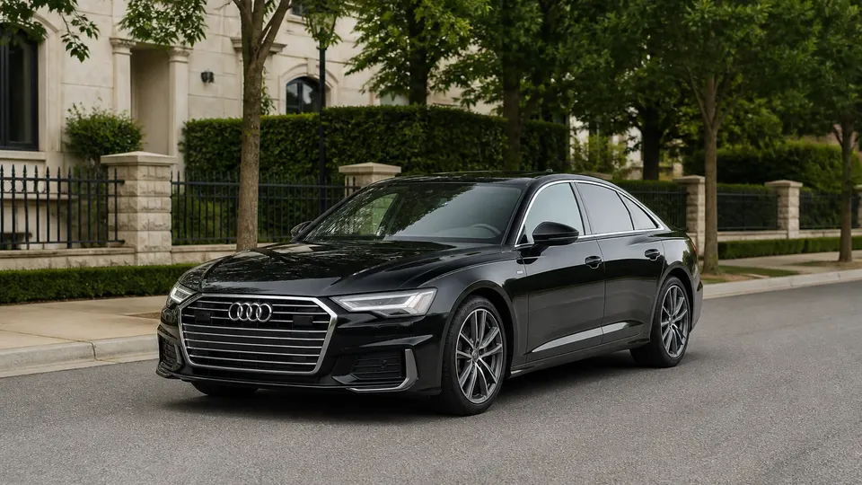 A Mythos Black Audi A6 sedan, three-quarter front view, parked on a quiet upscale street.