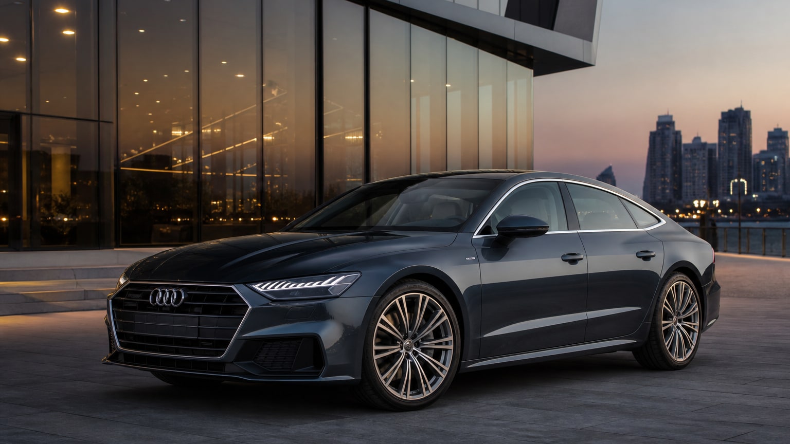 A dark gray Audi A7 sportback parked outside a glass office building.