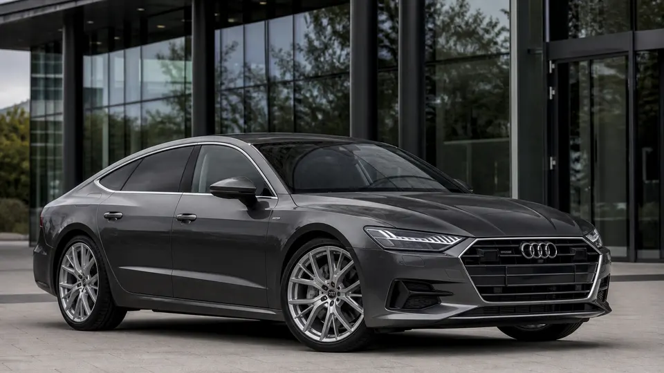 A dark gray Audi A7 sportback, three-quarter front view, parked outside a modern building.