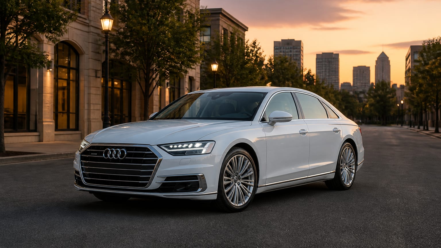 A modern Glacier White Audi A8 on a quiet city street at dusk.