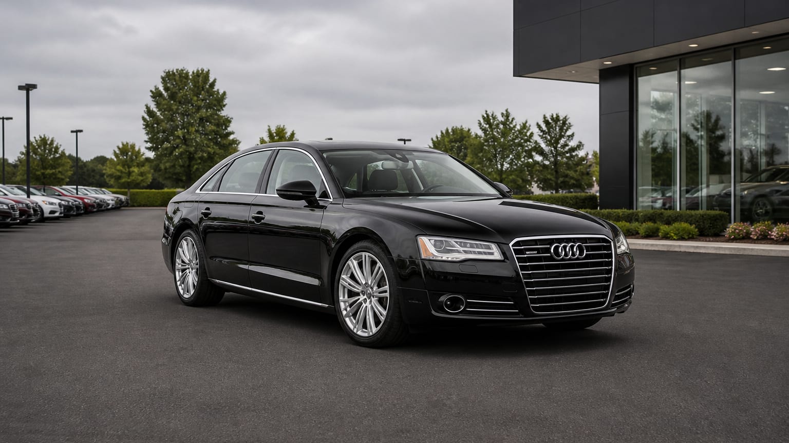 A black 2013–2015 Audi A8 parked in an upscale dealership lot.