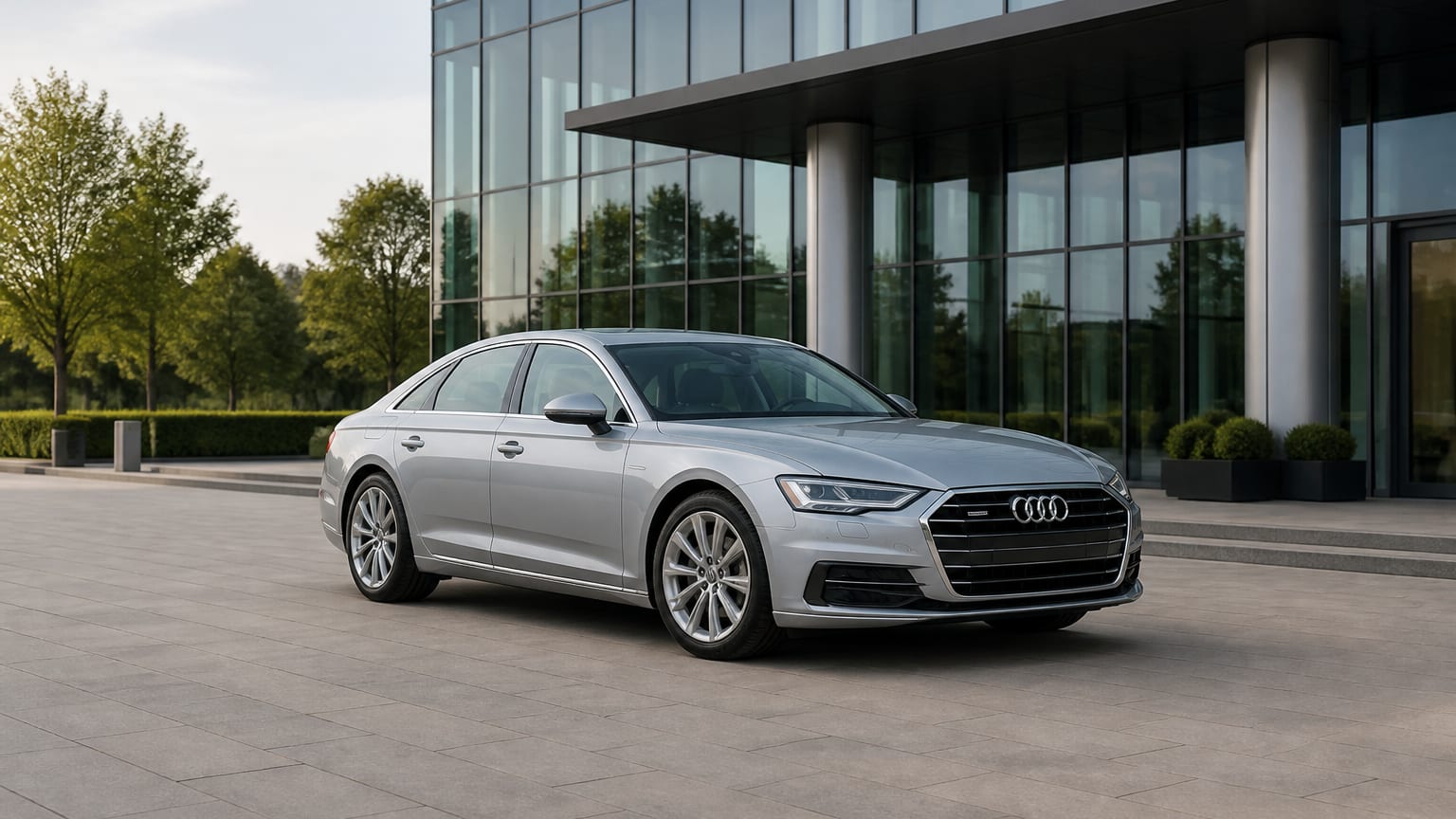 A silver Audi A8 luxury sedan parked outside a glass office building.