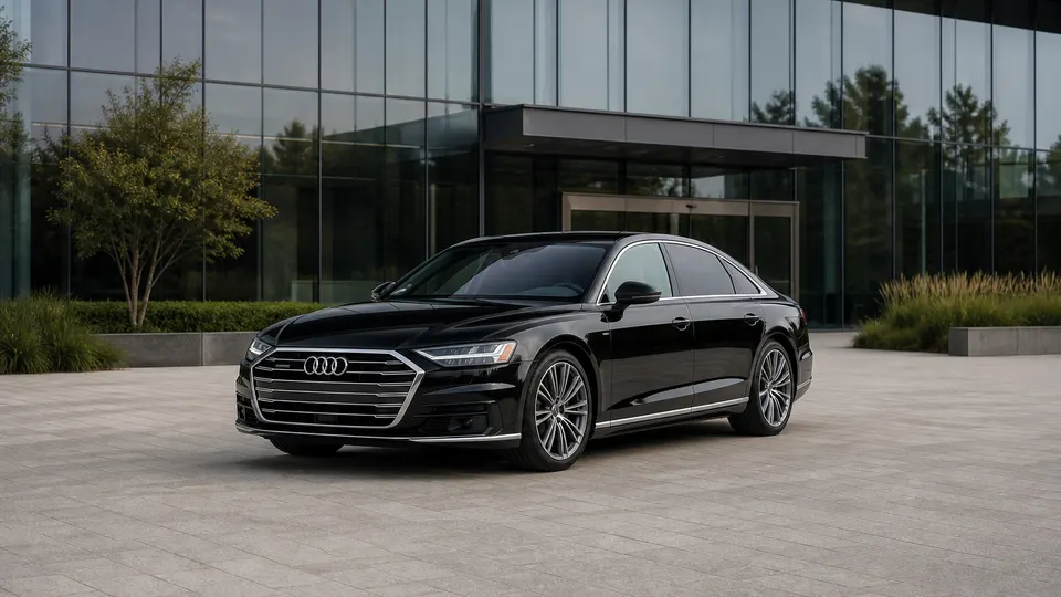 A Glacier White Audi A8 luxury sedan, three-quarter front view, parked outside a modern glass building.