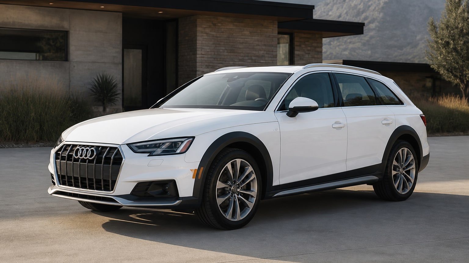 A white late-model Audi Allroad parked outside a modern home.