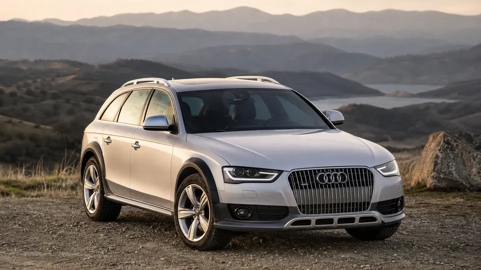 A silver Audi Allroad wagon, three-quarter front view, parked at a trailhead.