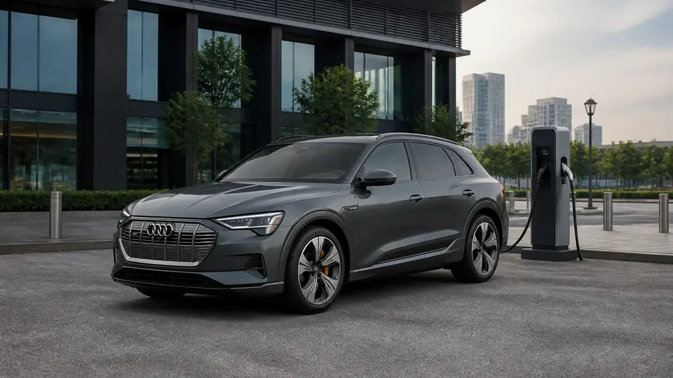 A Typhoon Gray Audi e-tron electric SUV, three-quarter front view, parked at a city charging plaza.