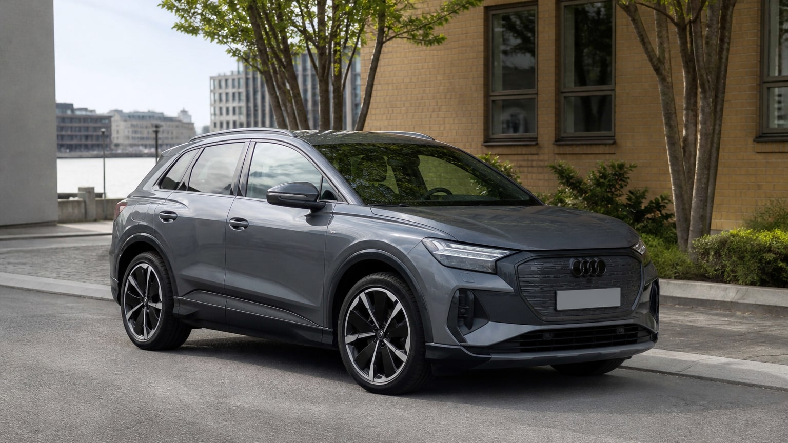 A Audi Q4 e-tron parked outdoors, three-quarter front view.