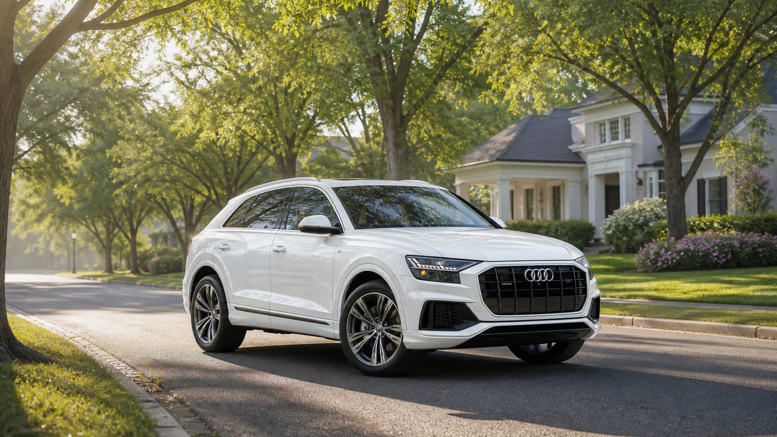 A white 2022–2023 Audi Q8 on a tree-lined suburban street.