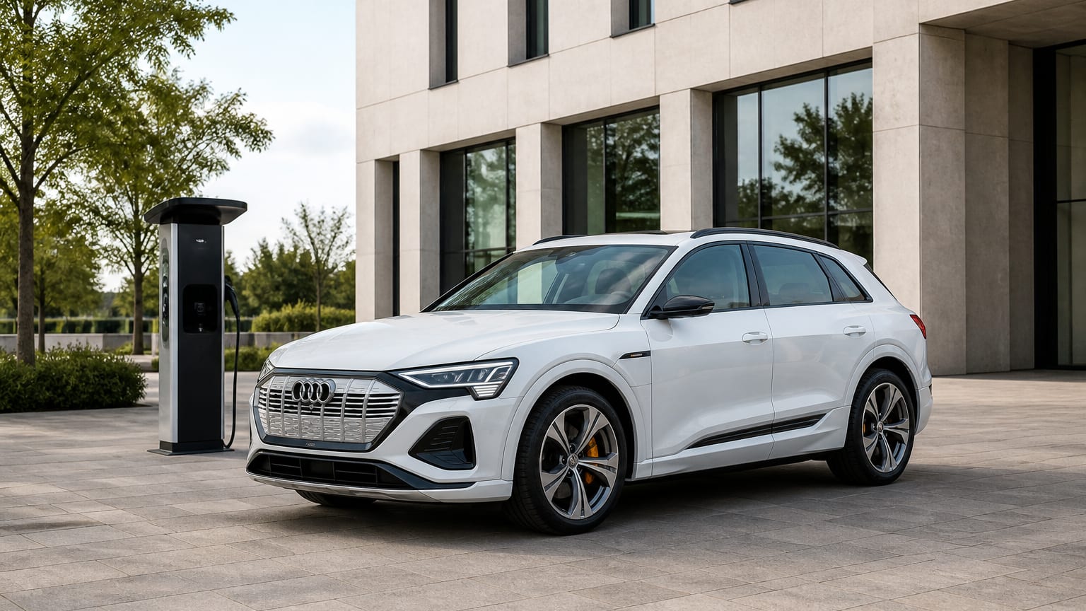 A white Audi Q8 e-tron electric SUV parked beside a modern charging station.