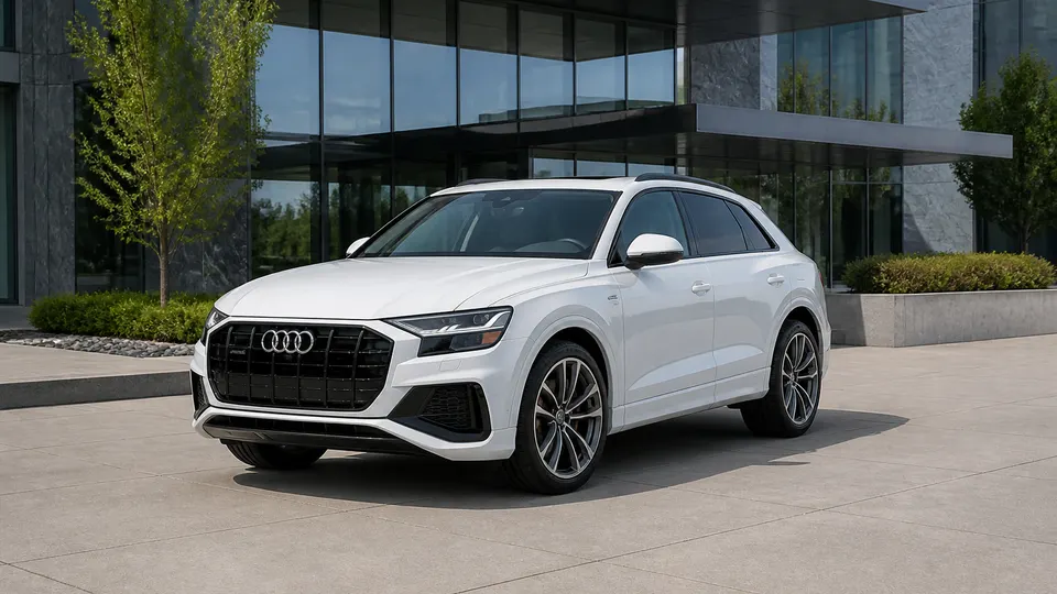 A Glacier White Audi Q8 SUV, three-quarter front view, parked outside a modern building.