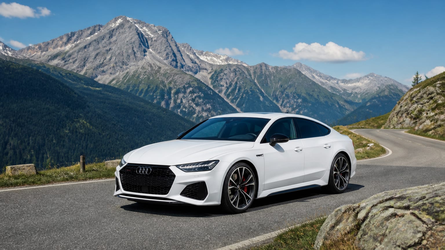 A late-model 2021–2023 Audi RS7 on a scenic alpine road.