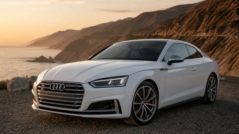 A Glacier White Audi S5 coupe, three-quarter front view, parked on a coastal canyon road.