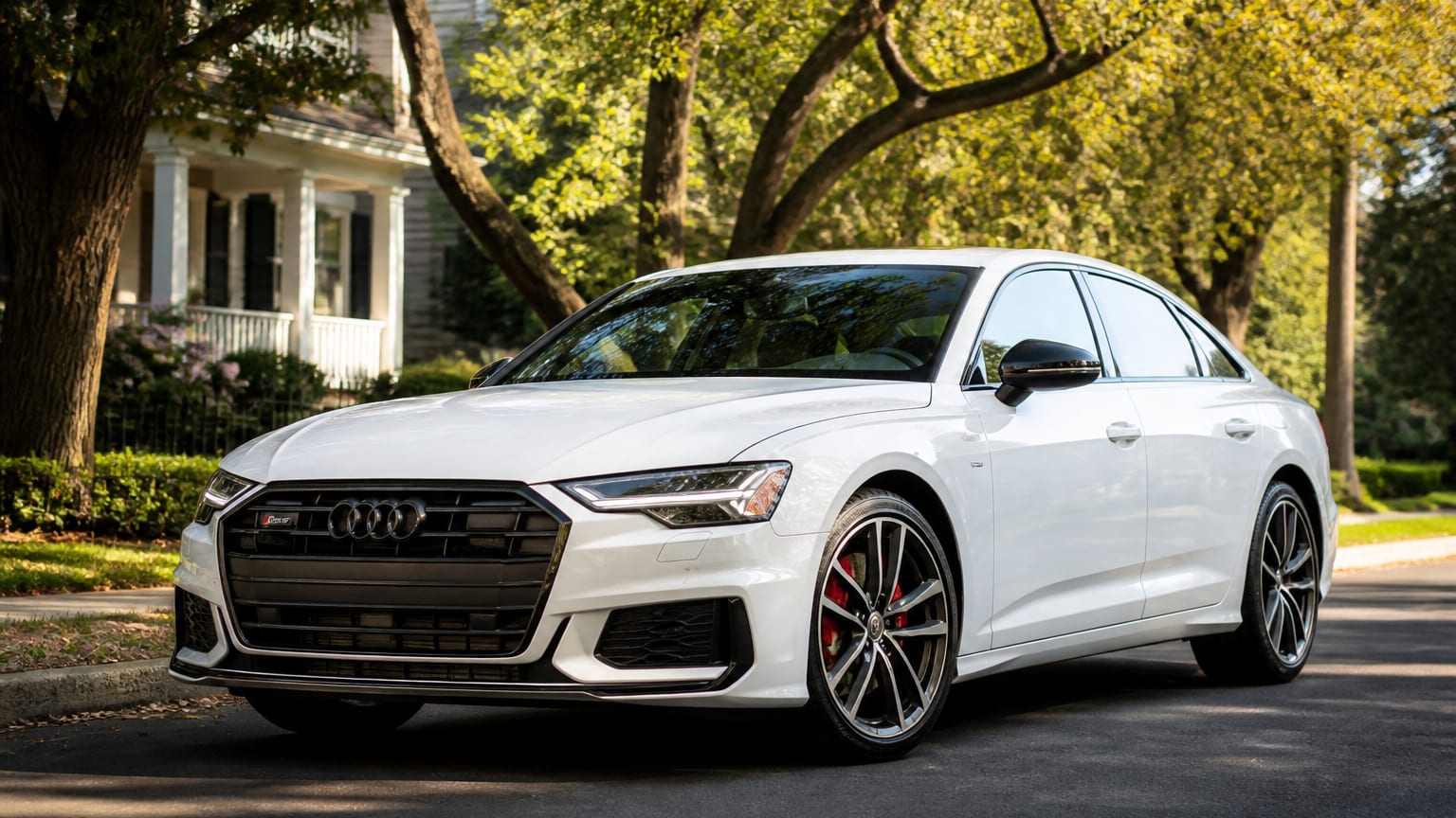 A late-model 2020–2022 Audi S6 on a tree-lined residential street.