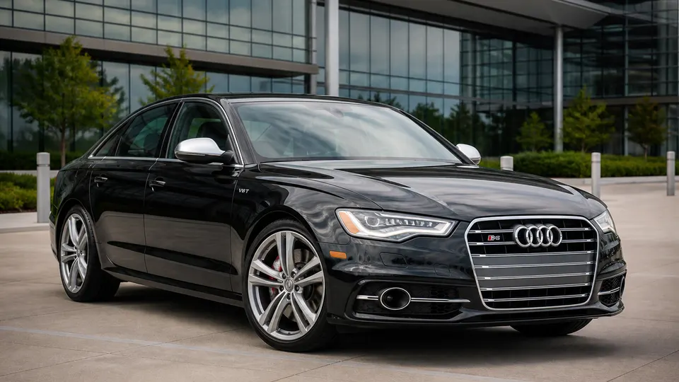 A Mythos Black Audi S6 sedan, three-quarter front view, parked outside a modern glass building.