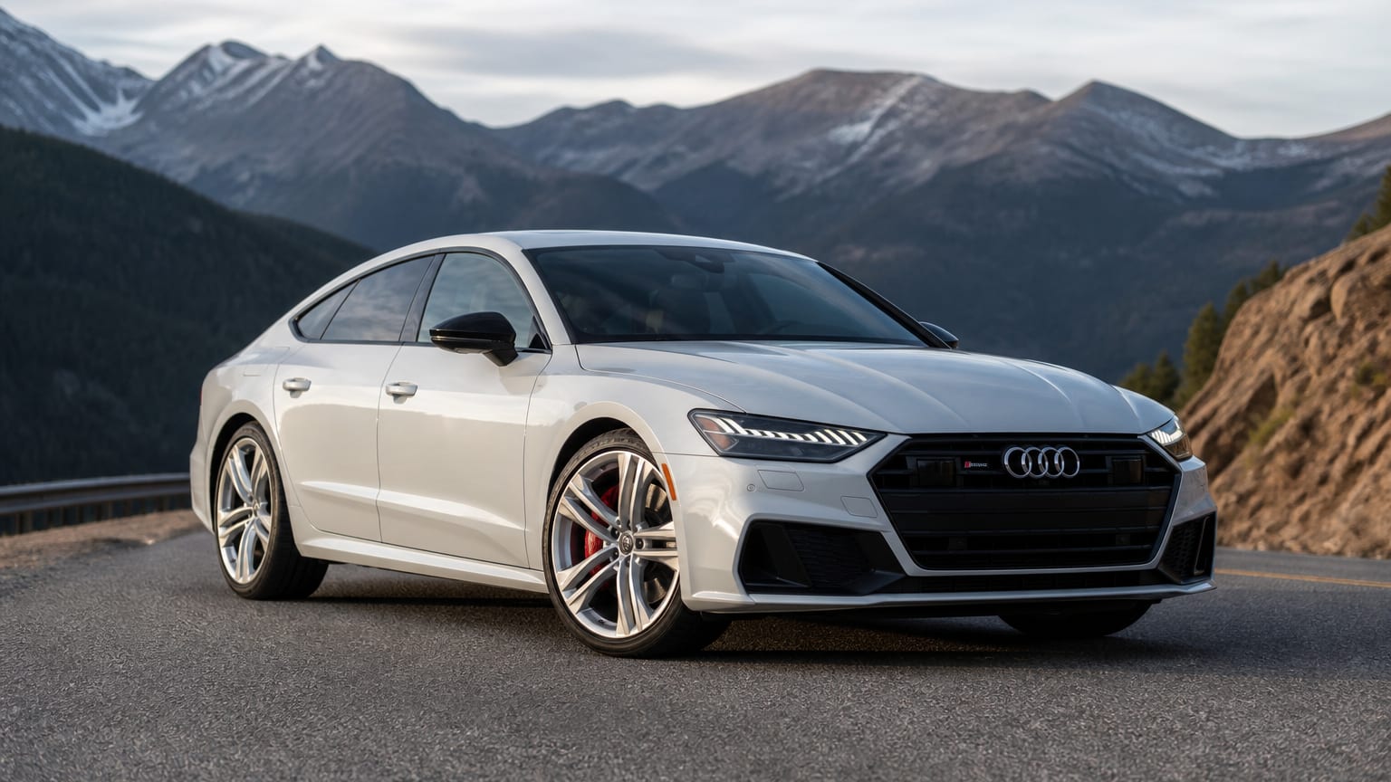 A Glacier White late-model Audi S7 on a quiet mountain road.