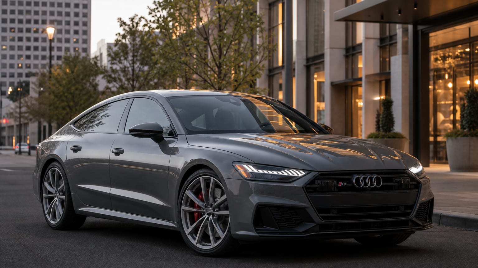 A Daytona Gray Audi S7 sportback parked on an upscale city street.