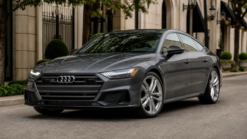 A Daytona Gray Audi S7 sportback, three-quarter front view, parked on an upscale city street.
