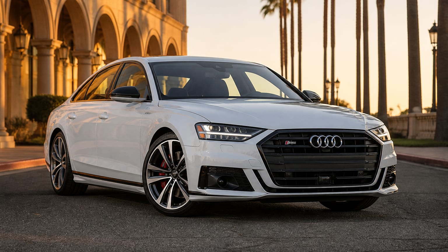 A late-model 2020–2022 Audi S8 on a quiet boulevard at golden hour.