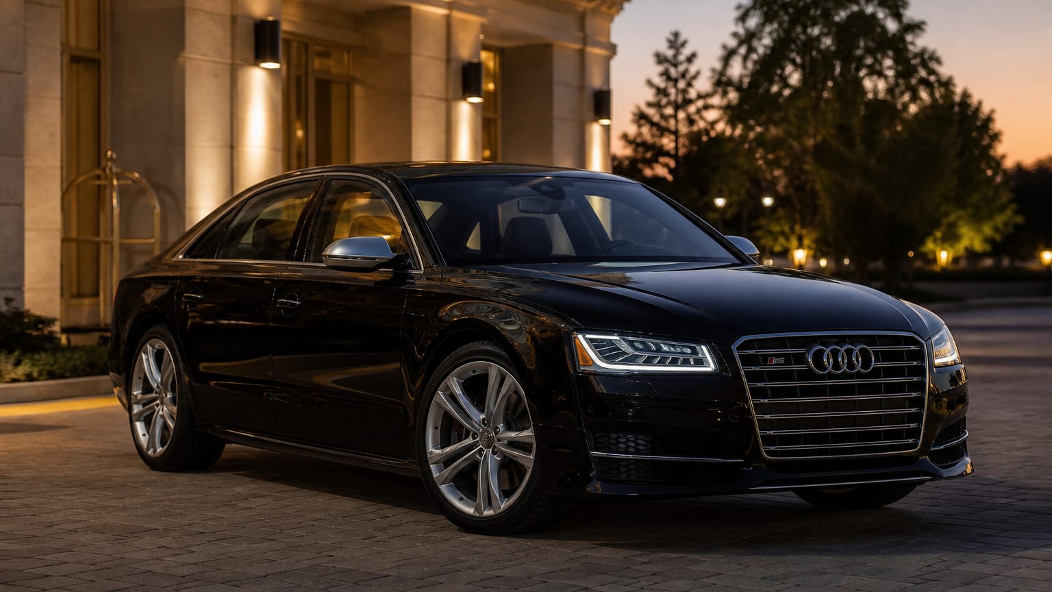 A black Audi S8 luxury sedan parked at dusk outside a hotel entrance.