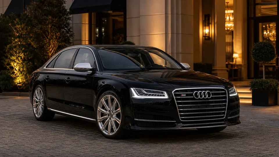 A black Audi S8 luxury sedan, three-quarter front view, parked at dusk outside a hotel entrance.