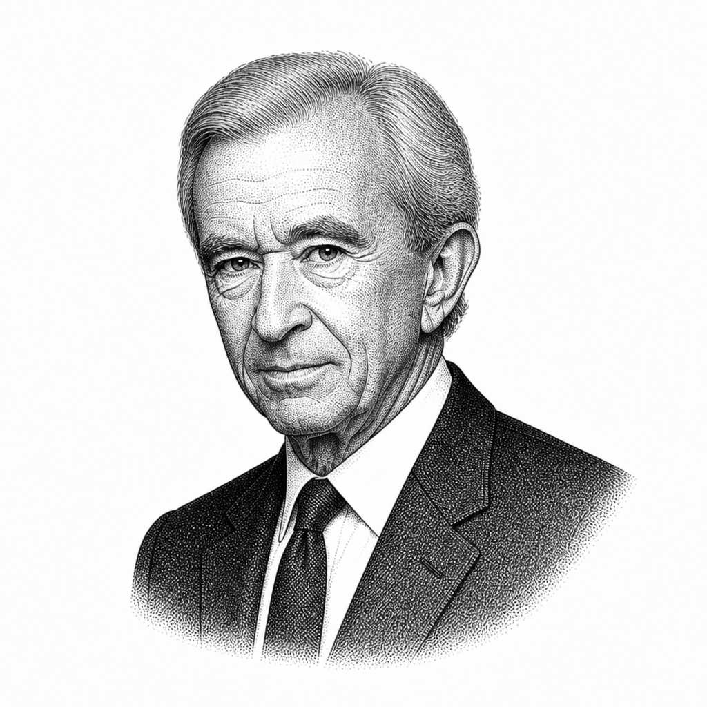 Black and white stipple portrait of Bernard Arnault.