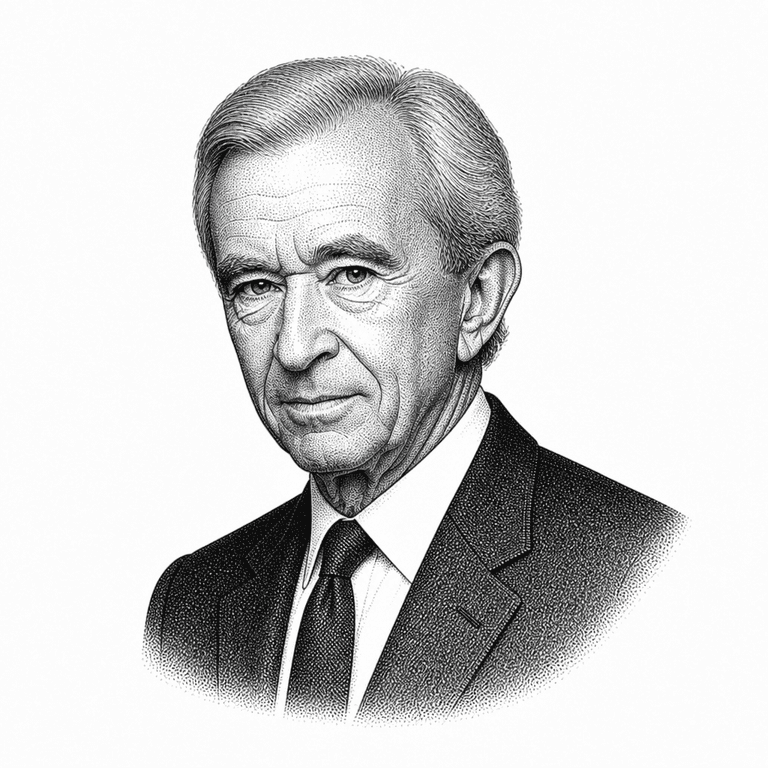 Black and white stipple portrait of Bernard Arnault.