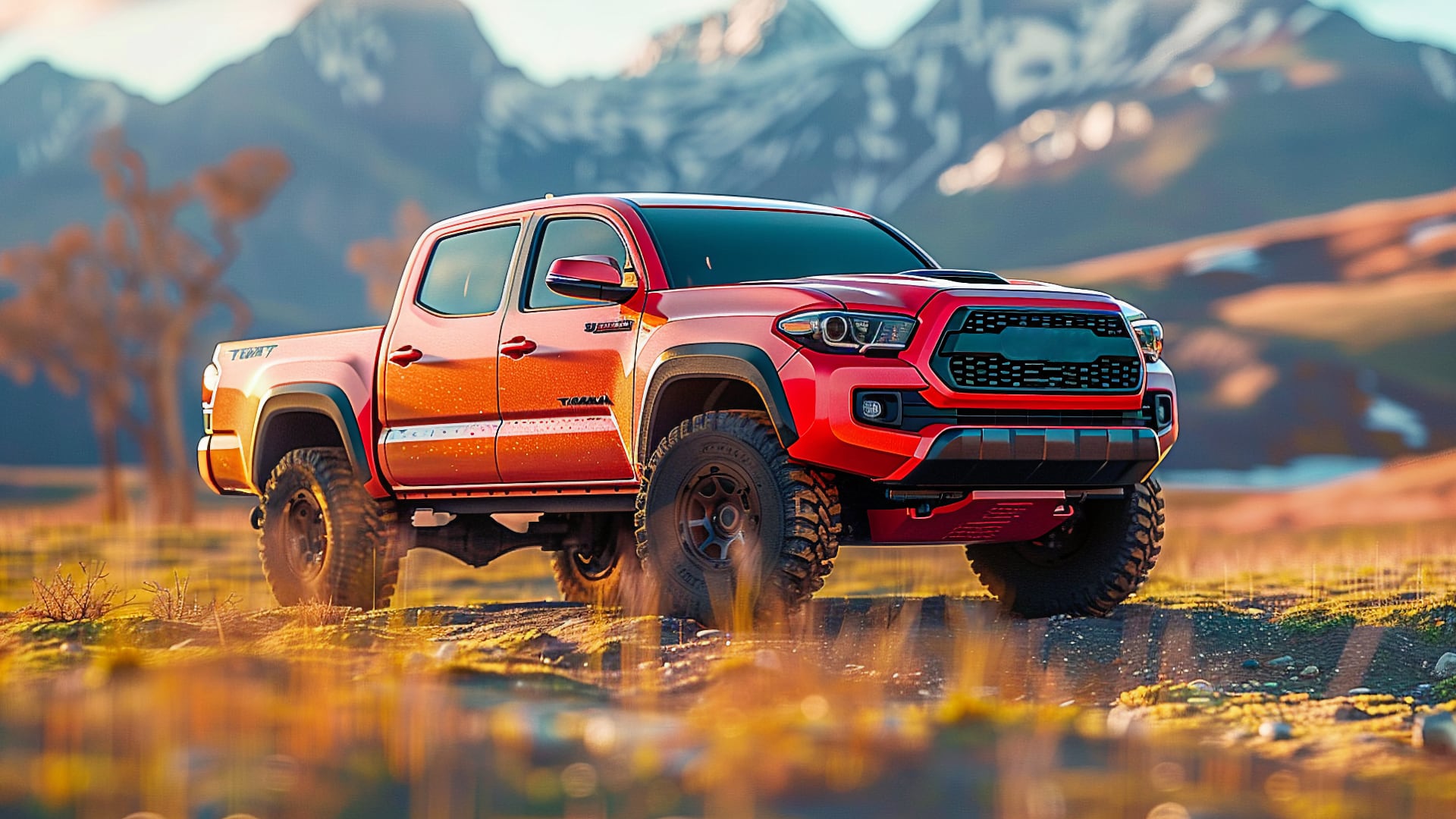 A red Toyota Tacoma is parked in a field with mountains in the background.|a red truck driving down a snow covered road.|a blue truck with a dog on a dirt road.