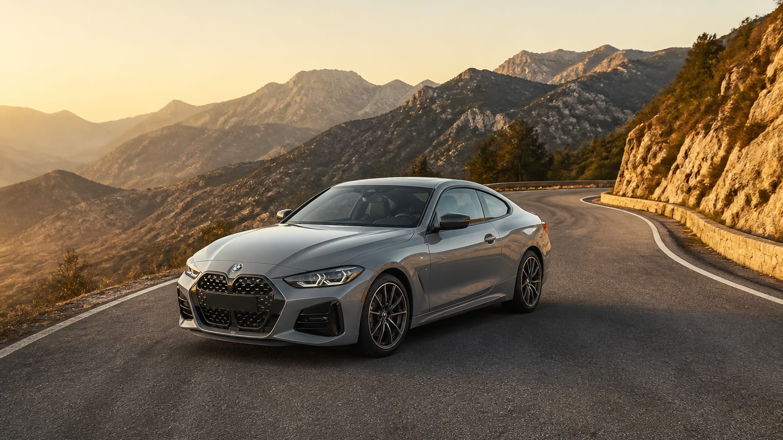 A late-model 2019 or 2022 BMW 2 Series on a mountain road.