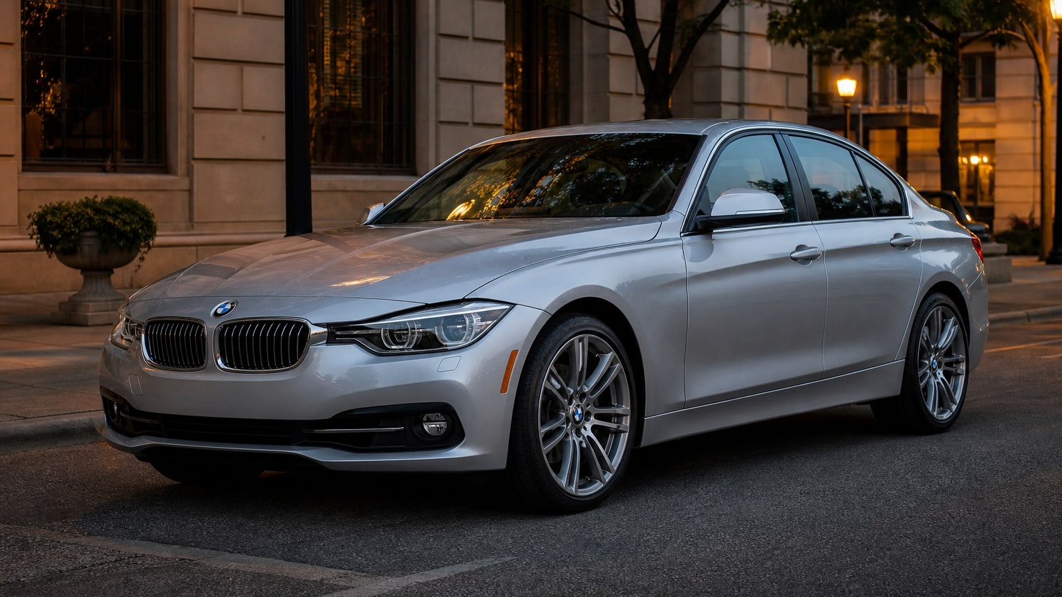 A silver BMW 3 Series sedan parked on a city street at dusk.