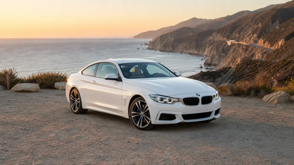 An Alpine White BMW 4 Series coupe, three-quarter front view, parked on a coastal canyon overlook.