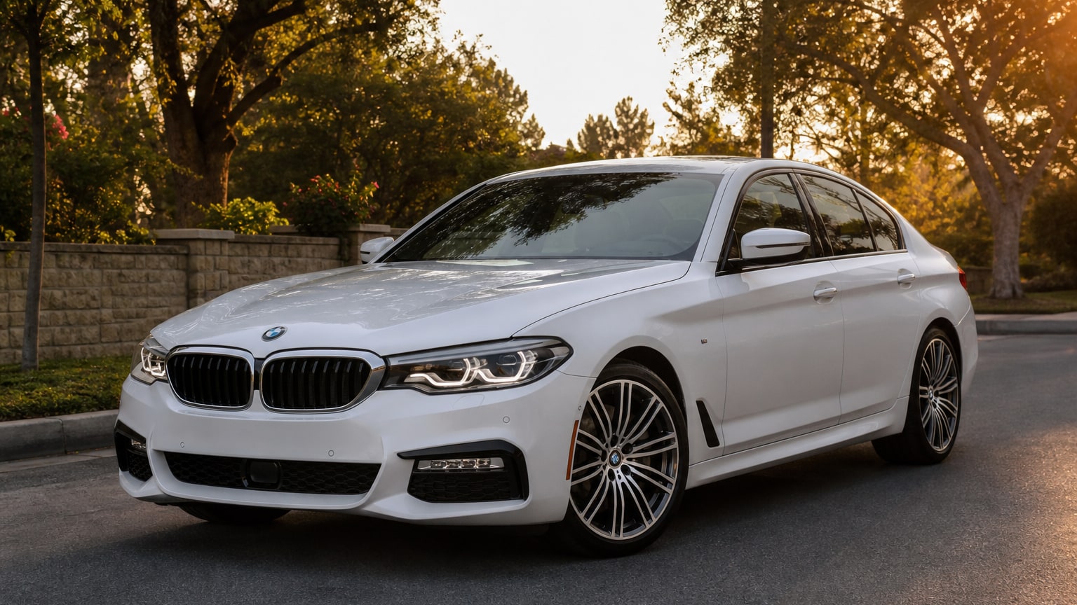 A modern mineral gray BMW 5 Series sedan on a quiet street.