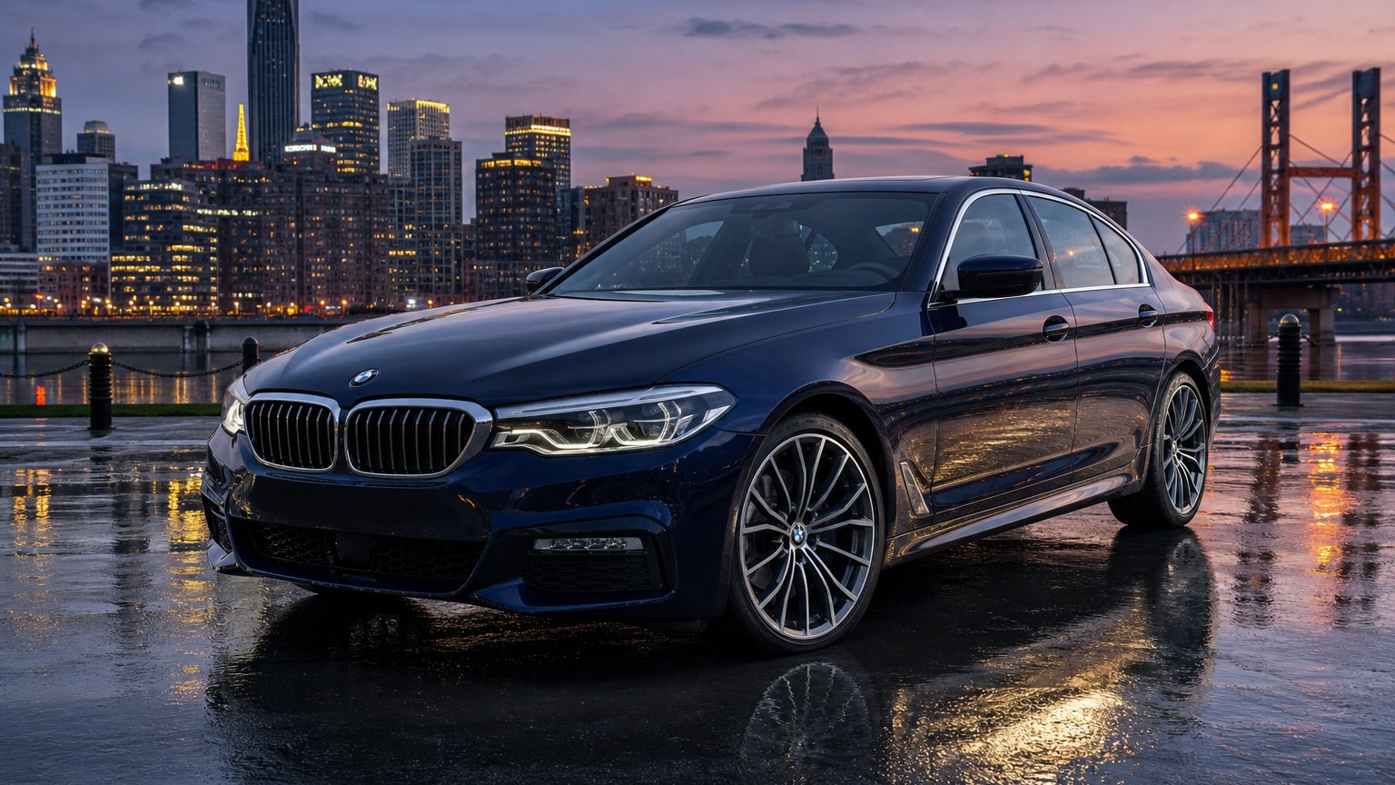 A dark blue BMW 5 Series sedan parked outside a glass office building.